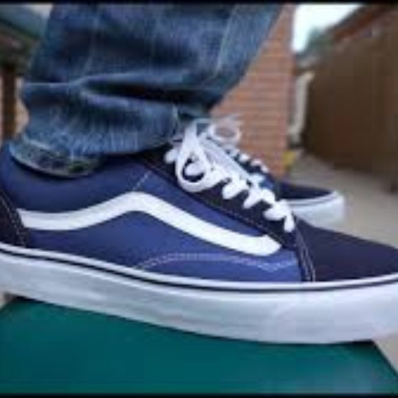 navy blue and white old skool vans